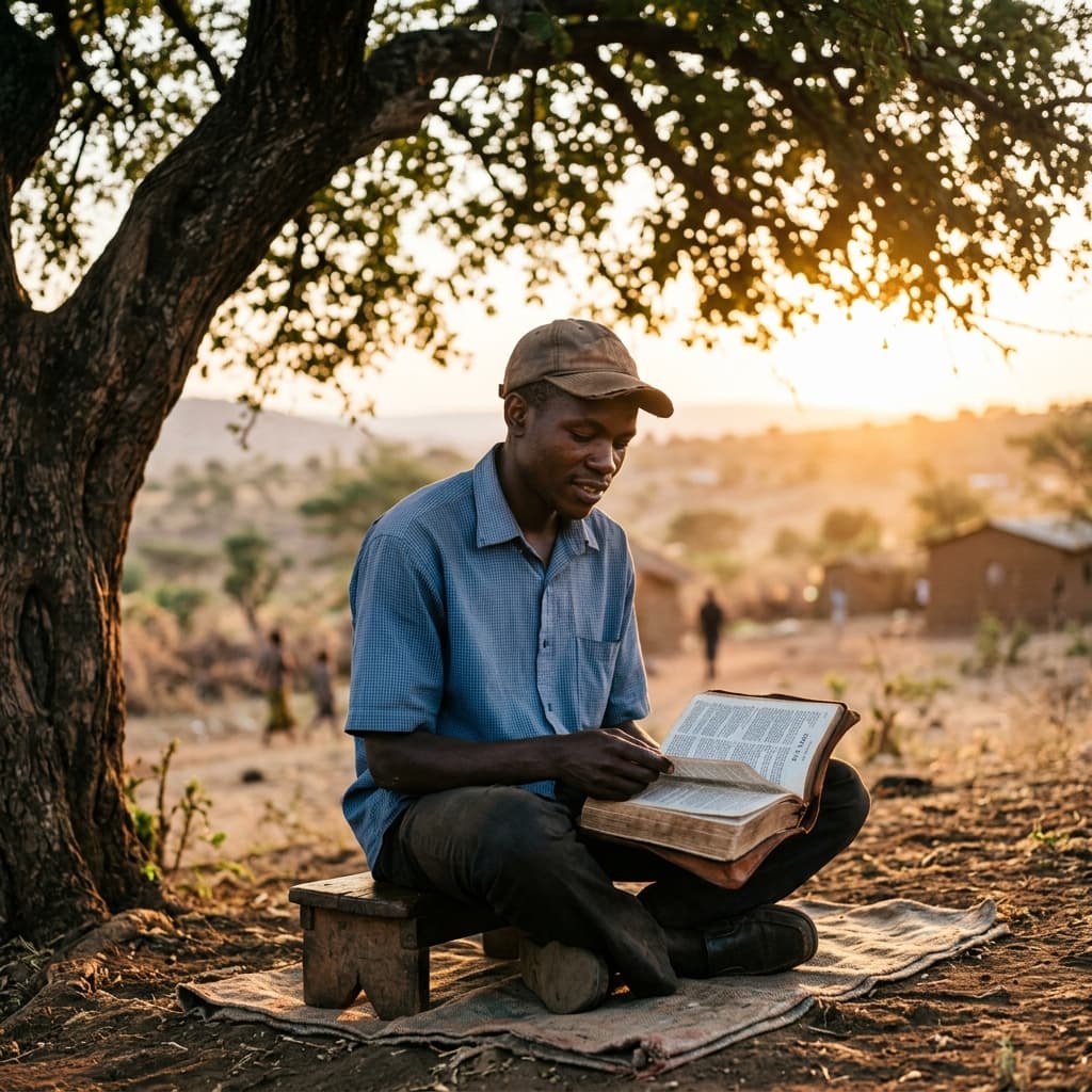 A man reading the Bible under a tree at golden hour