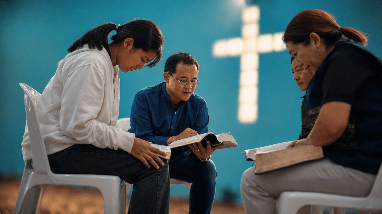 People sitting in a circle reading the FireBible together